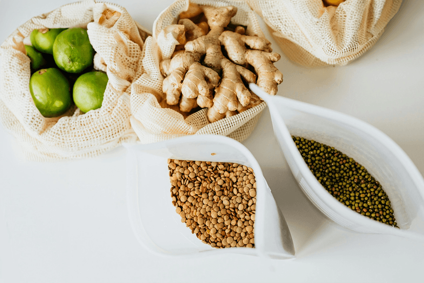 Bags of lentils, ginger, and limes